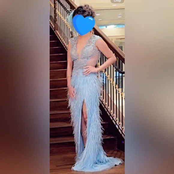 Jovani feather stunning sky blue